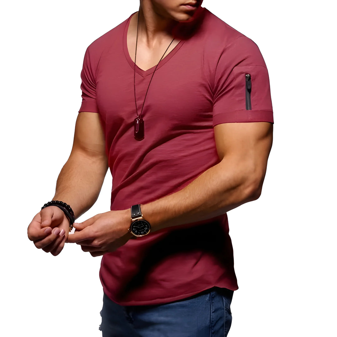 Men's Slim Fit Casual T-Shirt with V-Neck and Side Zippers
