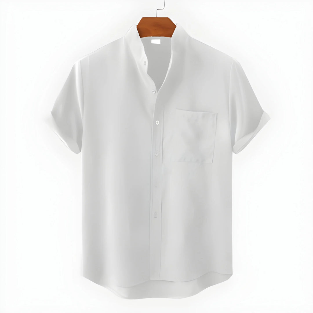 Men's Casual Vintage Shirt with Collarless Neck and Short Sleeve