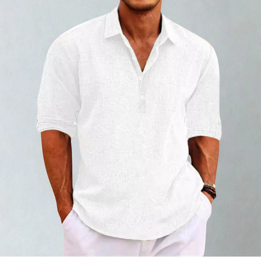 Men's Casual Shirt with Camp Collar and Long Sleeve