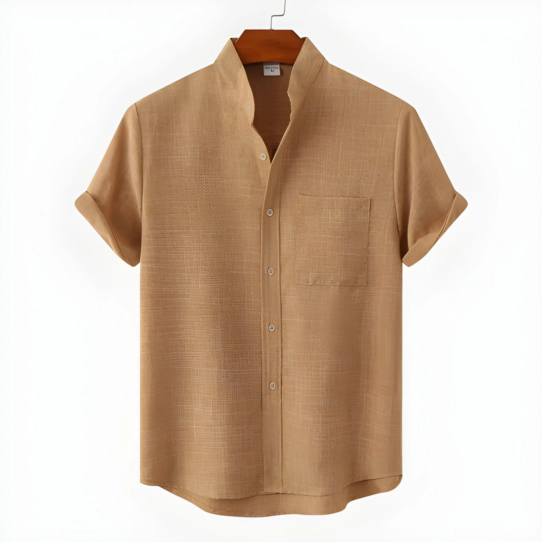 Men's Casual Vintage Shirt with Collarless Neck and Short Sleeve