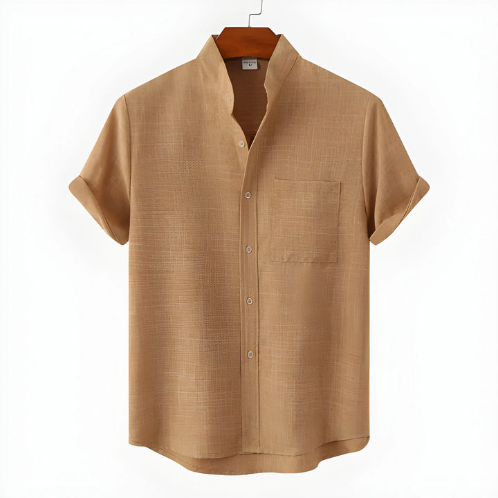 Men's Casual Vintage Shirt with Collarless Neck and Short Sleeve