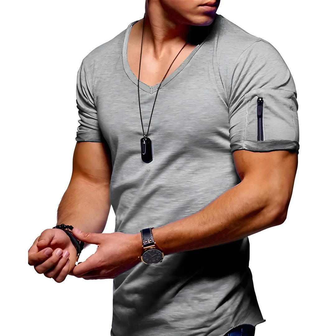 Men's Slim Fit Casual T-Shirt with V-Neck and Side Zippers