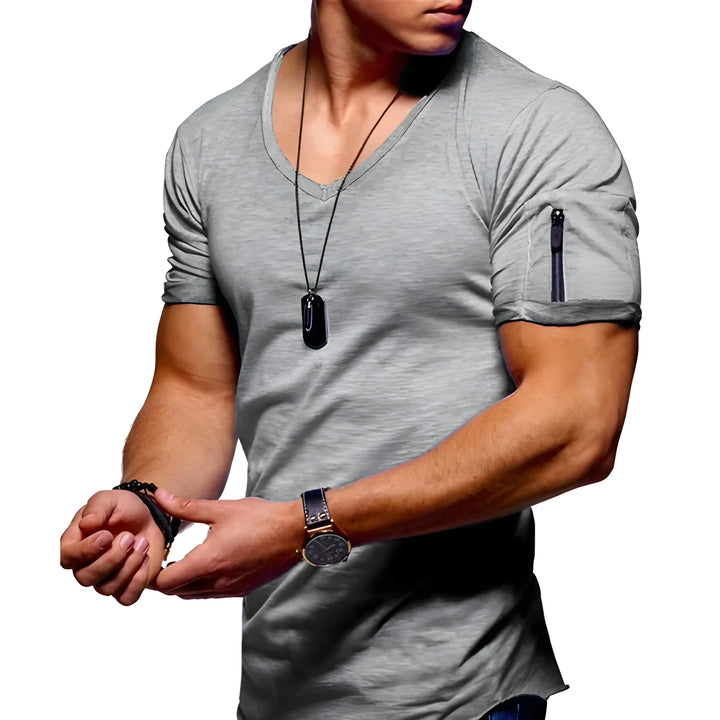 Men's Slim Fit Casual T-Shirt with V-Neck and Side Zippers