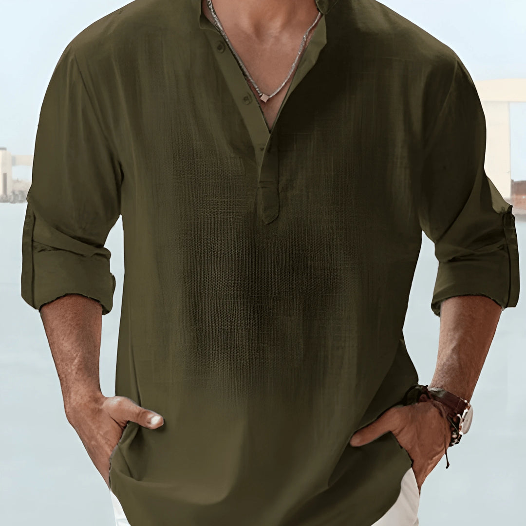 Men's Casual Shirt with Grandad Collar and Long Sleeve