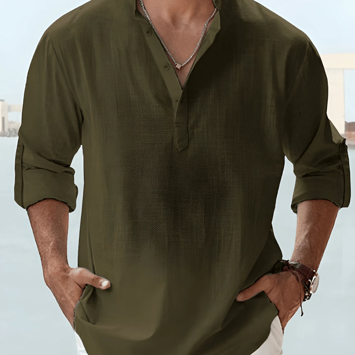 Men's Casual Shirt with Grandad Collar and Long Sleeve