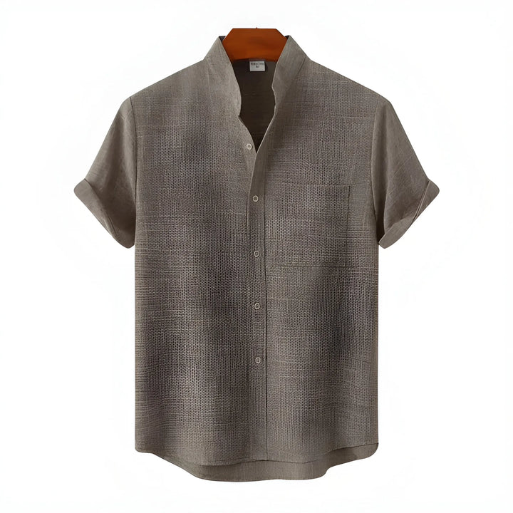 Men's Casual Vintage Shirt with Collarless Neck and Short Sleeve