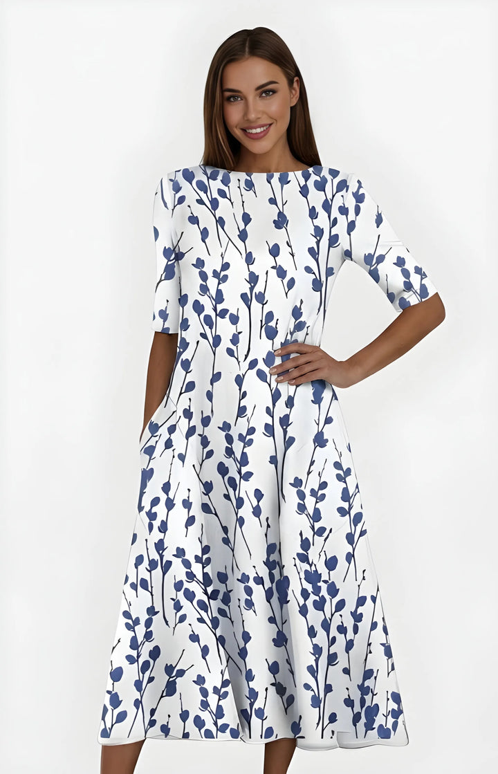 Women's Floral Midi Summer Dress with Round Neck and Short Sleeves