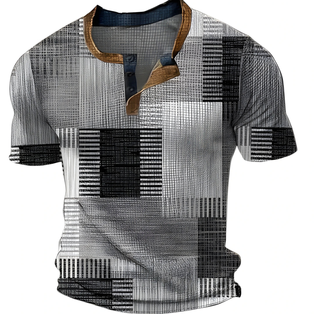 Men's Graphic Casual Shirt with Grandad Collar and Short Sleeve