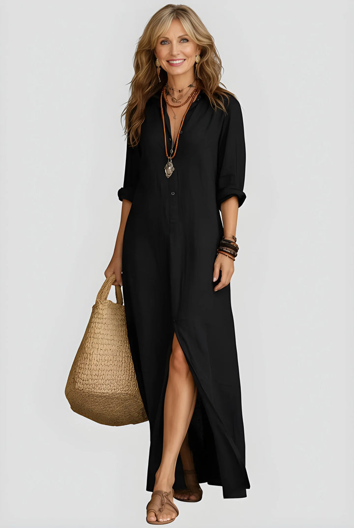 Women's Casual Boho Maxi Summer Dress with V-Neck and Long Sleeves