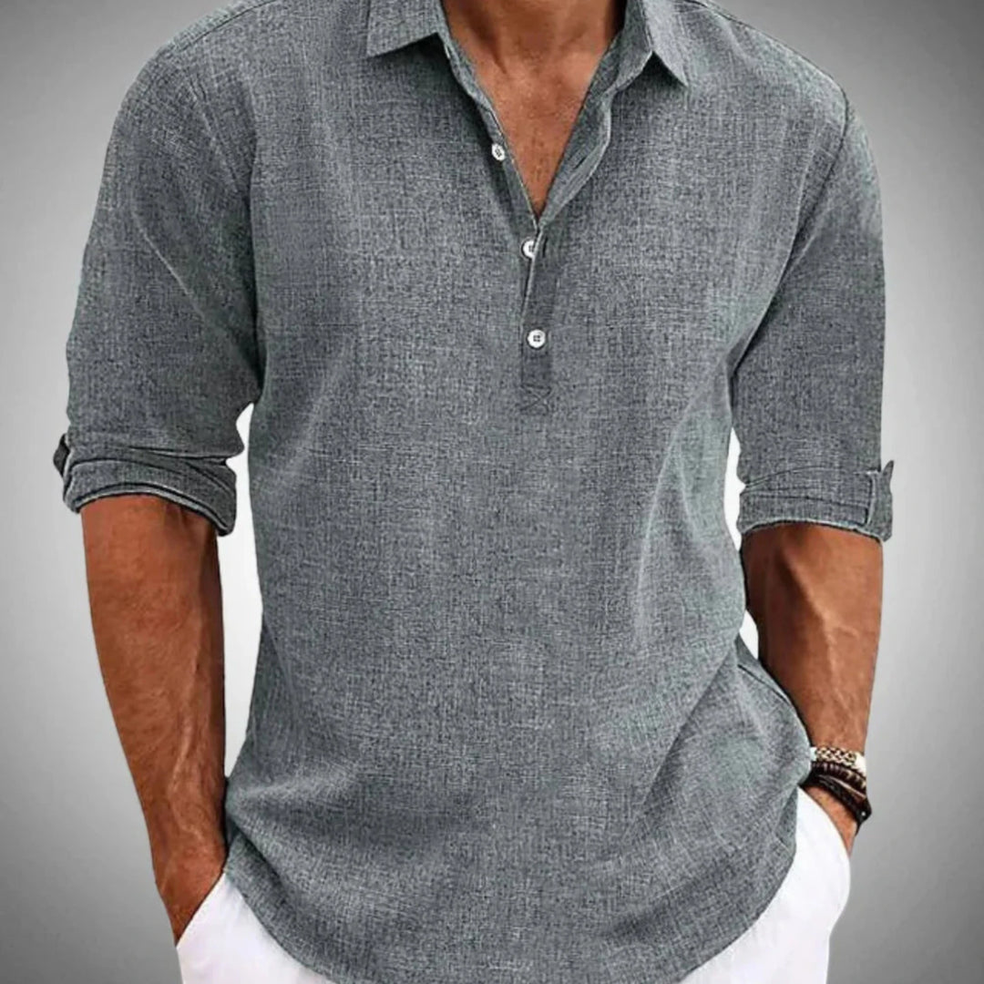Men's Casual Shirt with Camp Collar and Long Sleeve