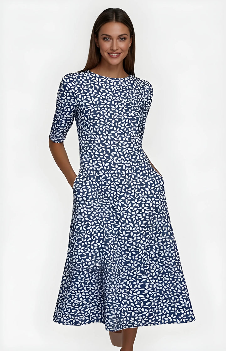 Women's Floral Midi Summer Dress with Round Neck and Short Sleeves