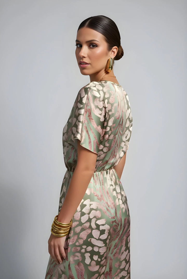 Women's  Midi Elegant Flowy Summer Dress with V-Neck and Twist Knot