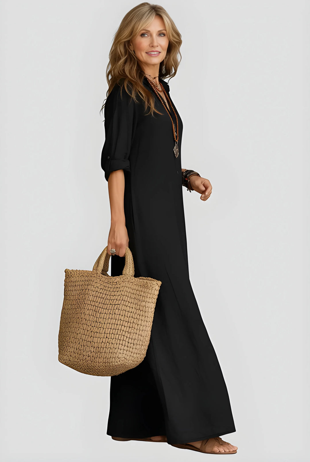 Women's Casual Boho Maxi Summer Dress with V-Neck and Long Sleeves