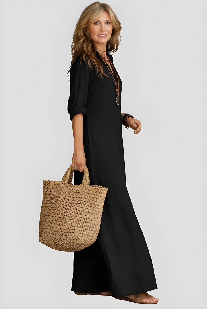 Women's Casual Boho Maxi Summer Dress with V-Neck and Long Sleeves