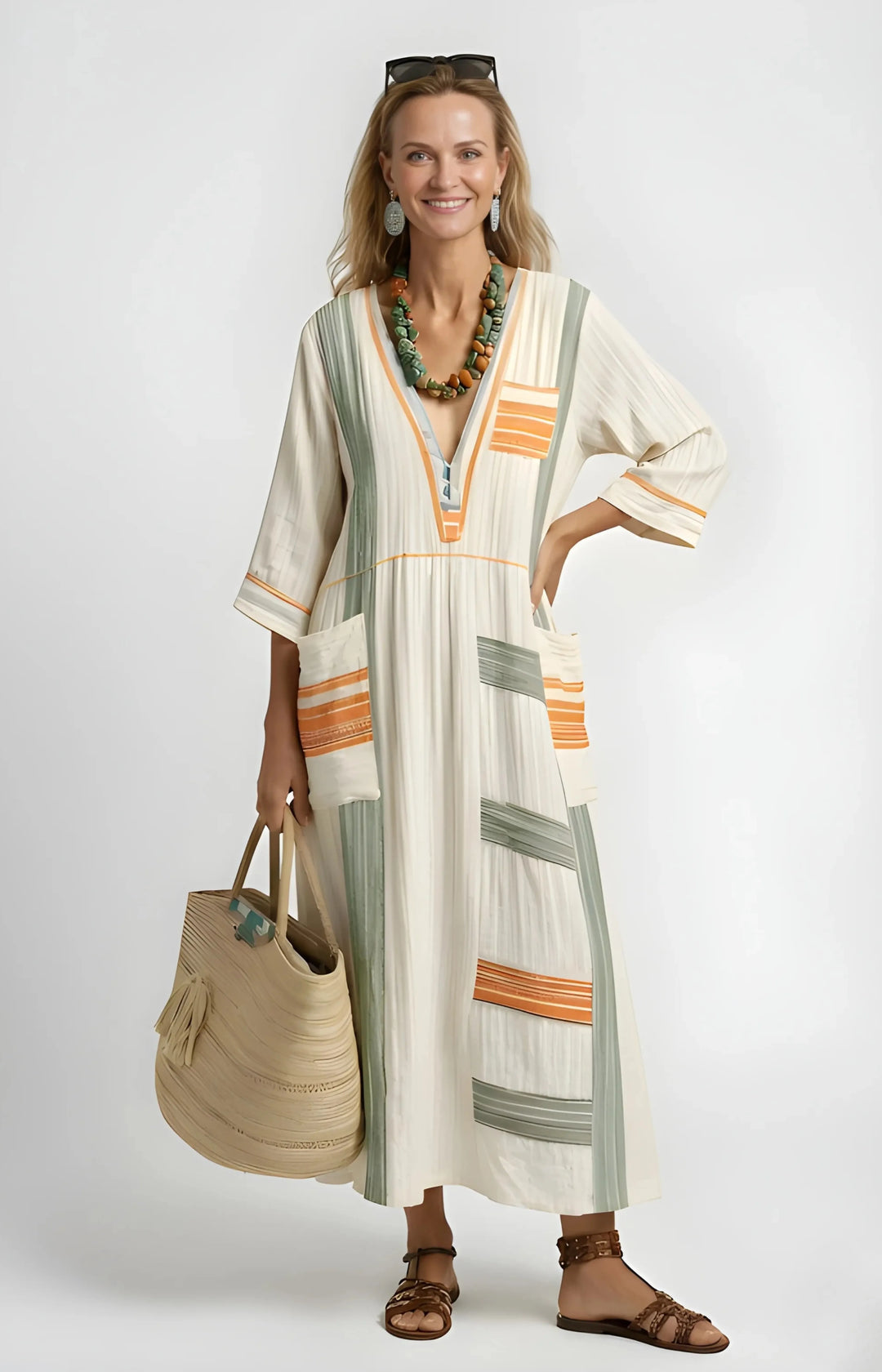 Women's Maxi Boho Summer Sundress with V-Neck and Side Pockets