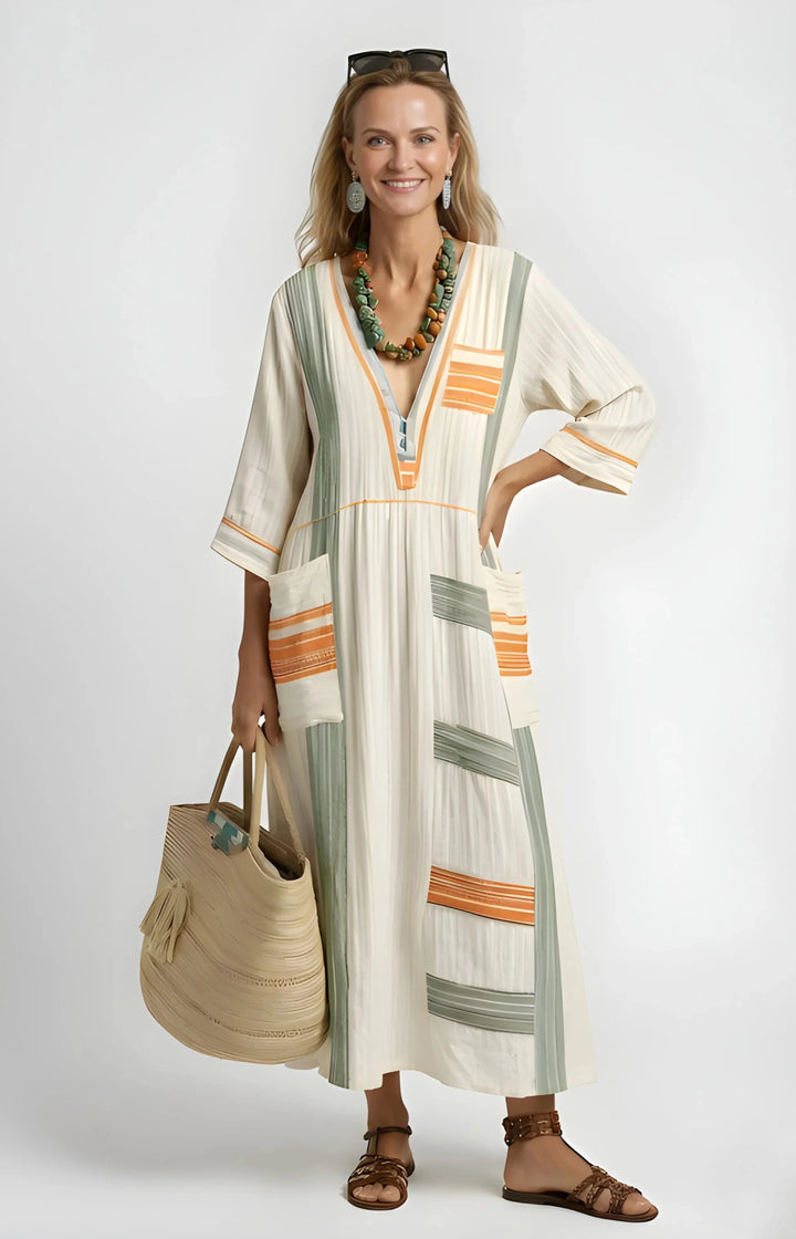 Women's Maxi Boho Summer Sundress with V-Neck and Side Pockets