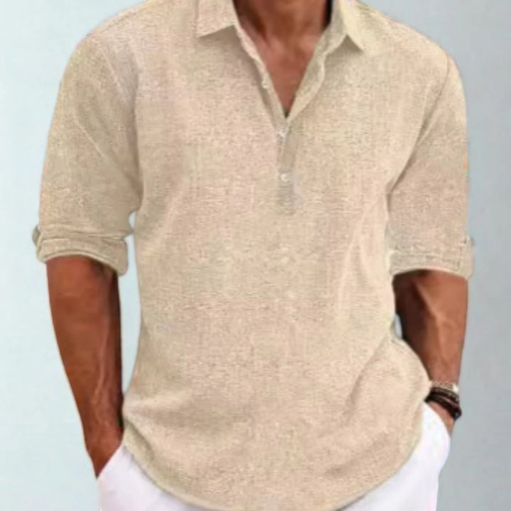 Men's Casual Shirt with Camp Collar and Long Sleeve