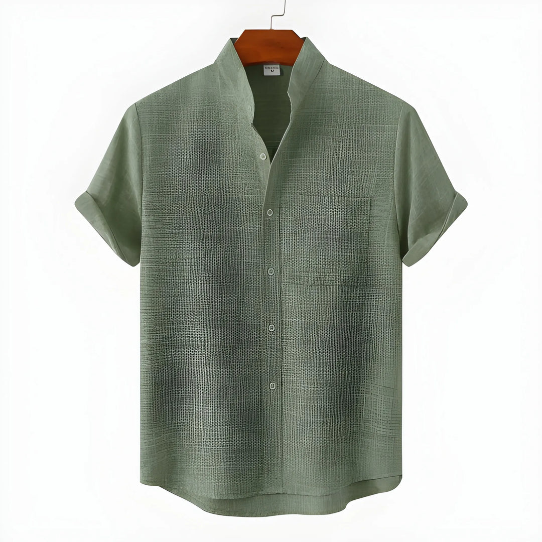 Men's Casual Vintage Shirt with Collarless Neck and Short Sleeve