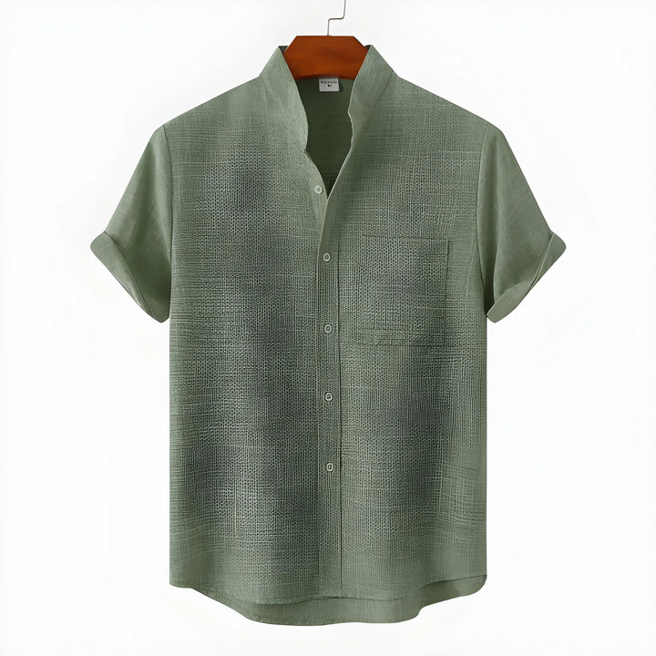 Men's Casual Vintage Shirt with Collarless Neck and Short Sleeve
