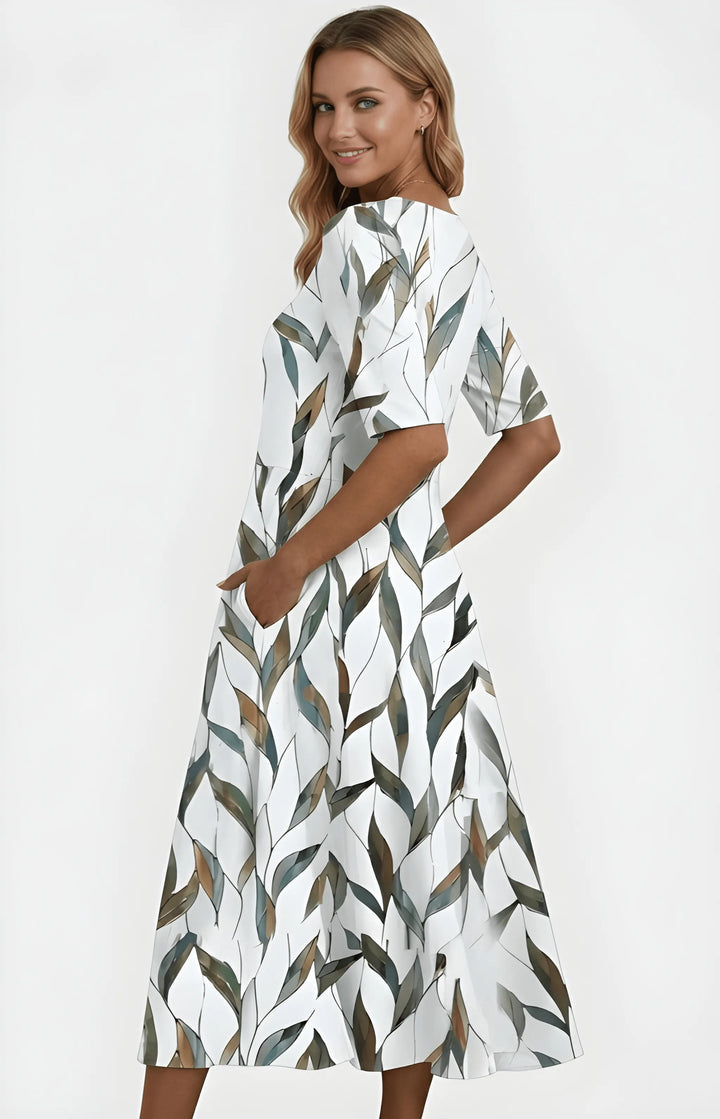 Women's Floral Midi Summer Dress with Round Neck and Short Sleeves