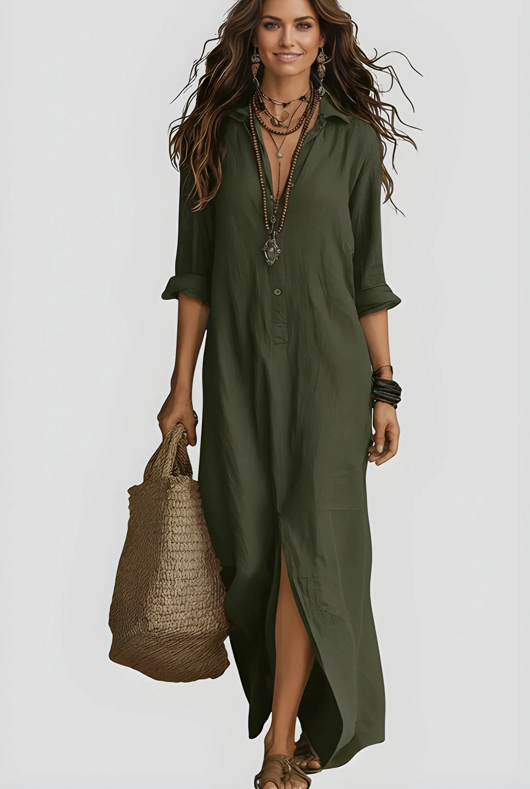 Women's Casual Boho Maxi Summer Dress with V-Neck and Long Sleeves
