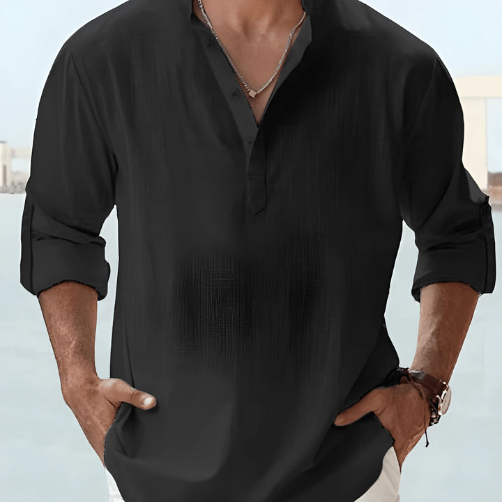 Men's Casual Shirt with Grandad Collar and Long Sleeve