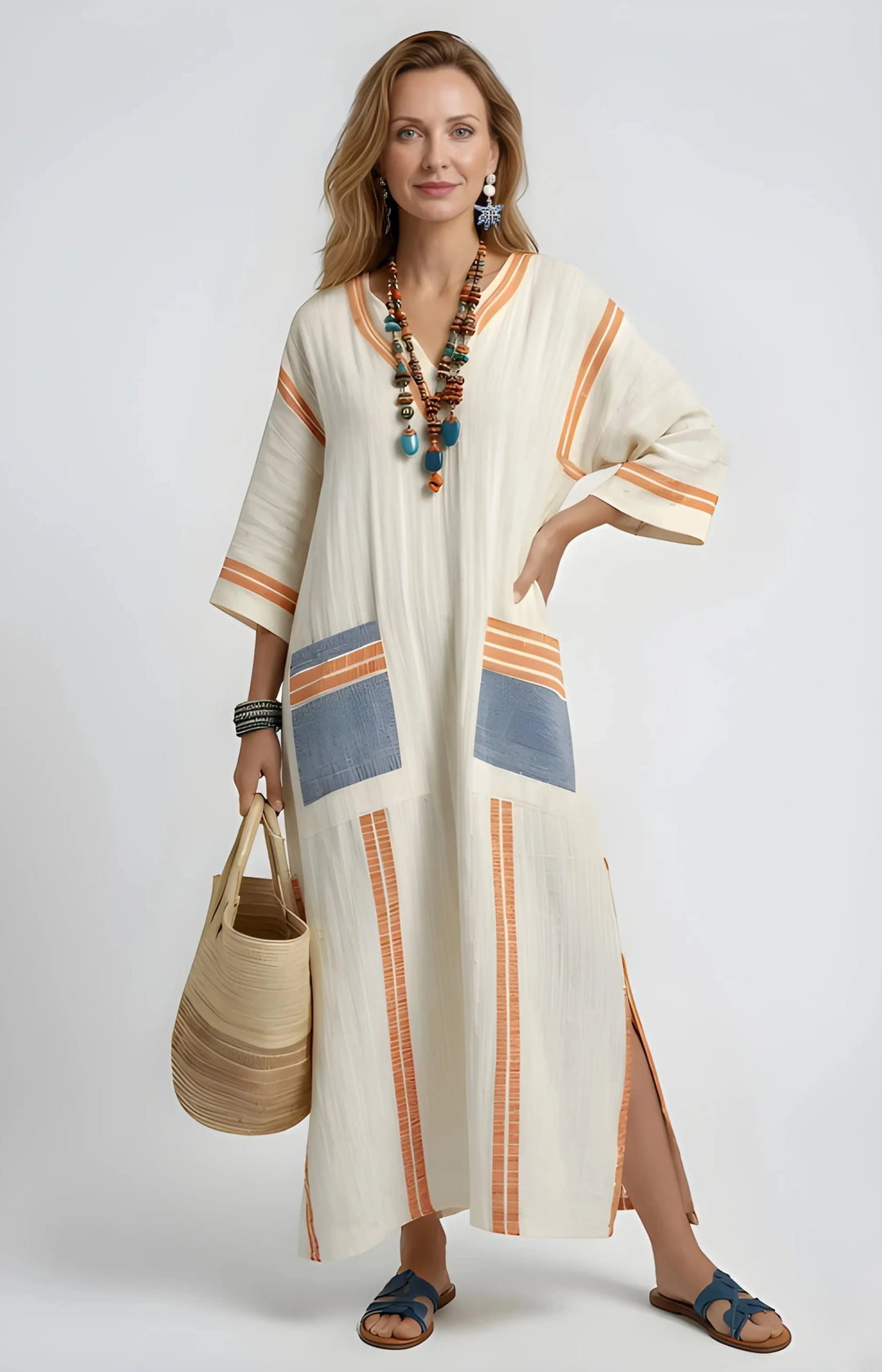 Women's Maxi Boho Summer Sundress with V-Neck and Side Pockets