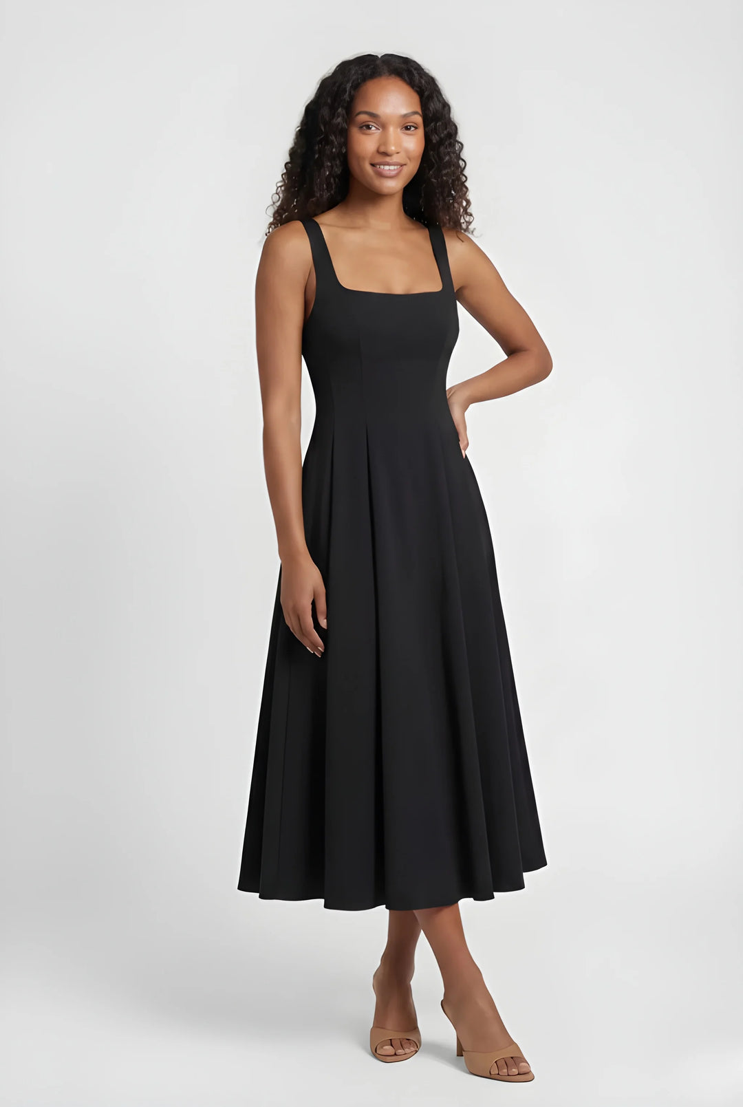 Women's Midi Elegant Summer Dress with Square Neck and Wide Straps