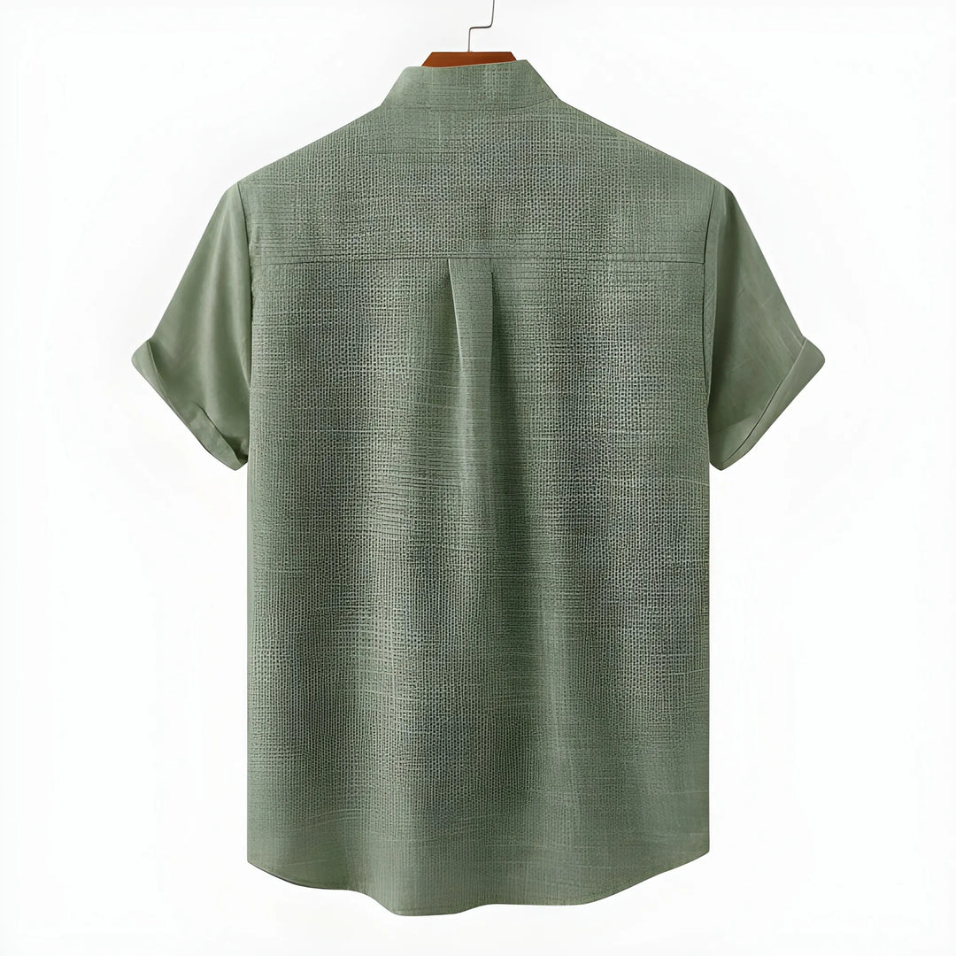 Men's Casual Vintage Shirt with Collarless Neck and Short Sleeve