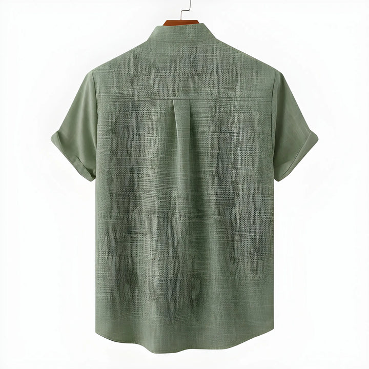Men's Casual Vintage Shirt with Collarless Neck and Short Sleeve