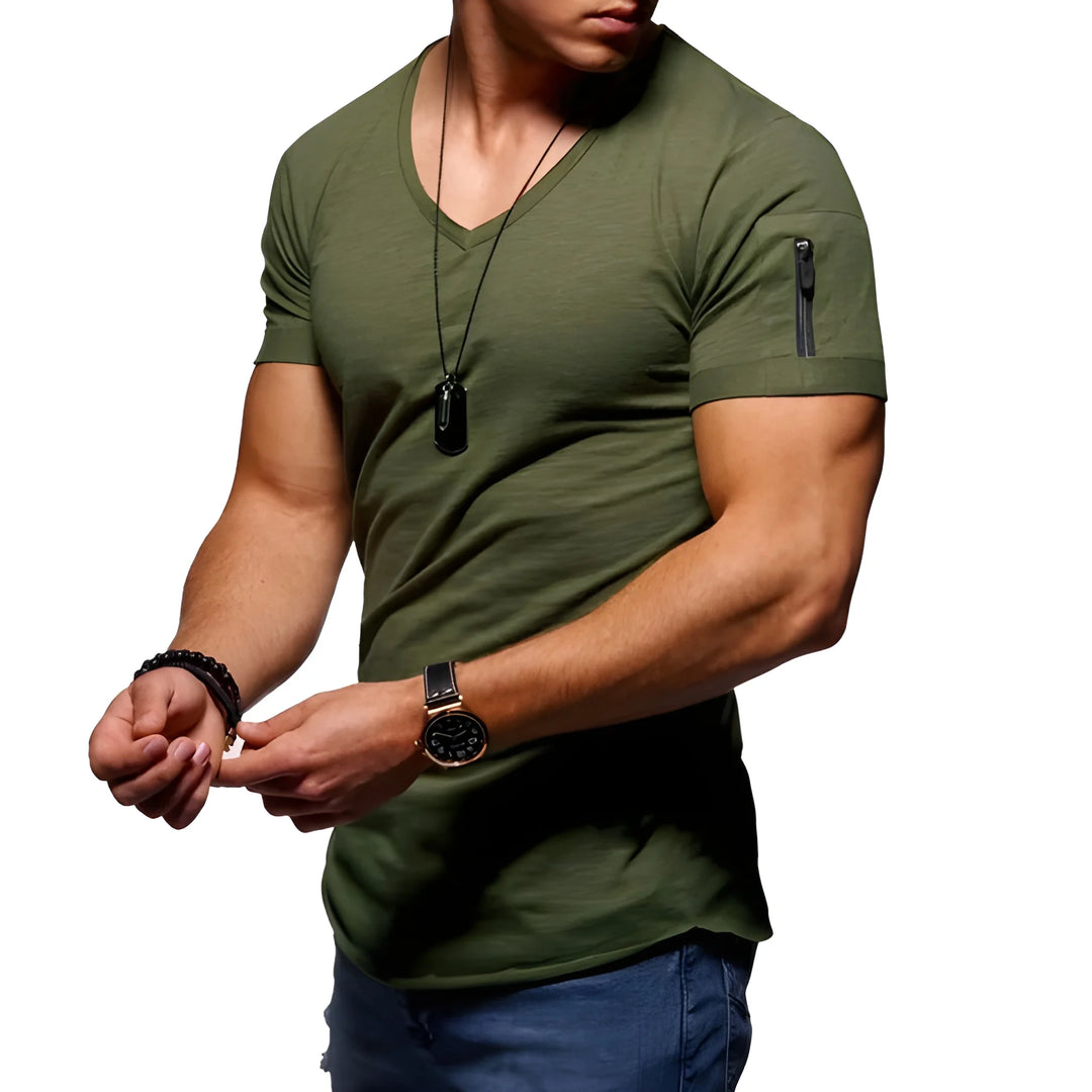 Men's Slim Fit Casual T-Shirt with V-Neck and Side Zippers