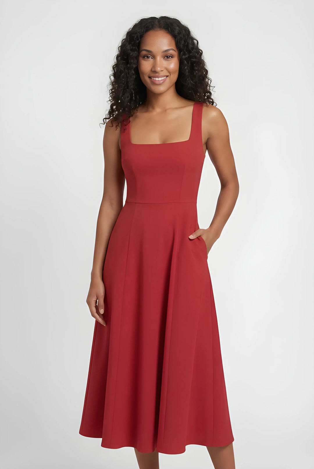 Women's Midi Elegant Summer Dress with Square Neck and Wide Straps