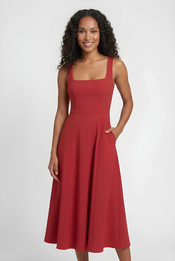 Women's Midi Elegant Summer Dress with Square Neck and Wide Straps