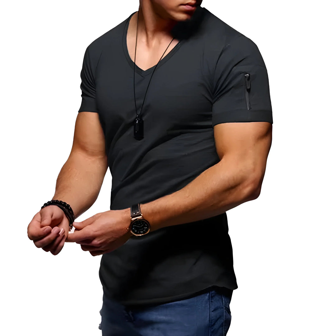Men's Slim Fit Casual T-Shirt with V-Neck and Side Zippers