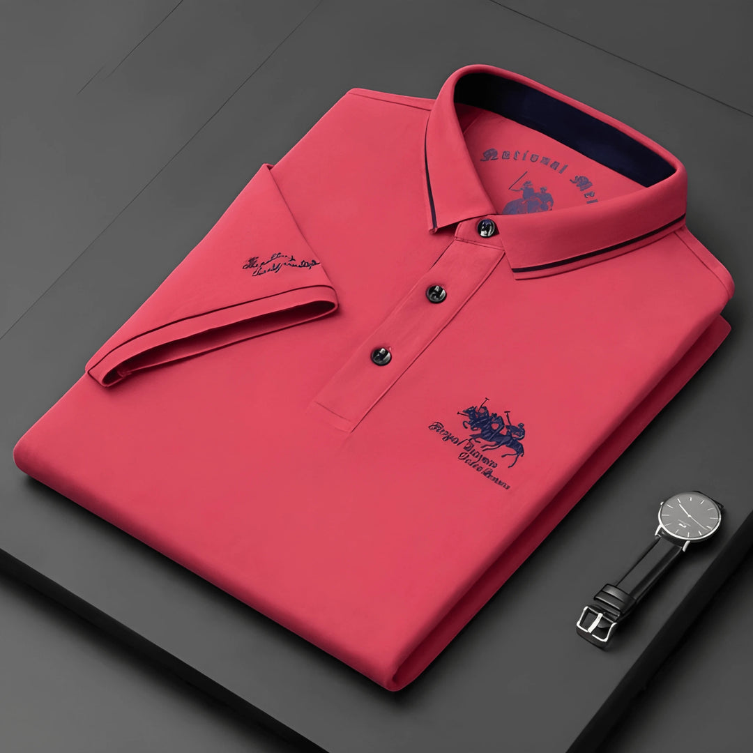 Men's Casual Vintage Polo Shirt with Embroidered Logo and Short Sleeve