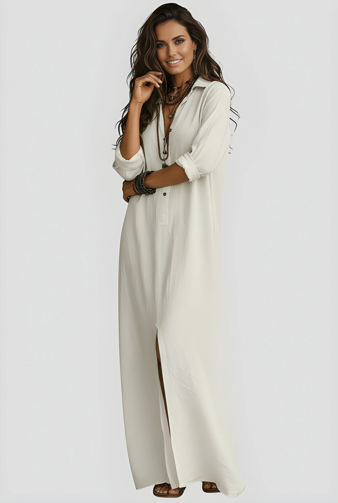 Women's Casual Boho Maxi Summer Dress with V-Neck and Long Sleeves