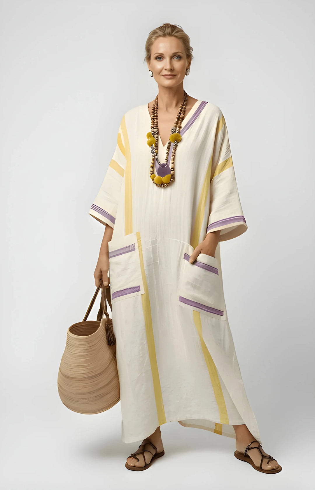 Women's Maxi Boho Summer Sundress with V-Neck and Side Pockets