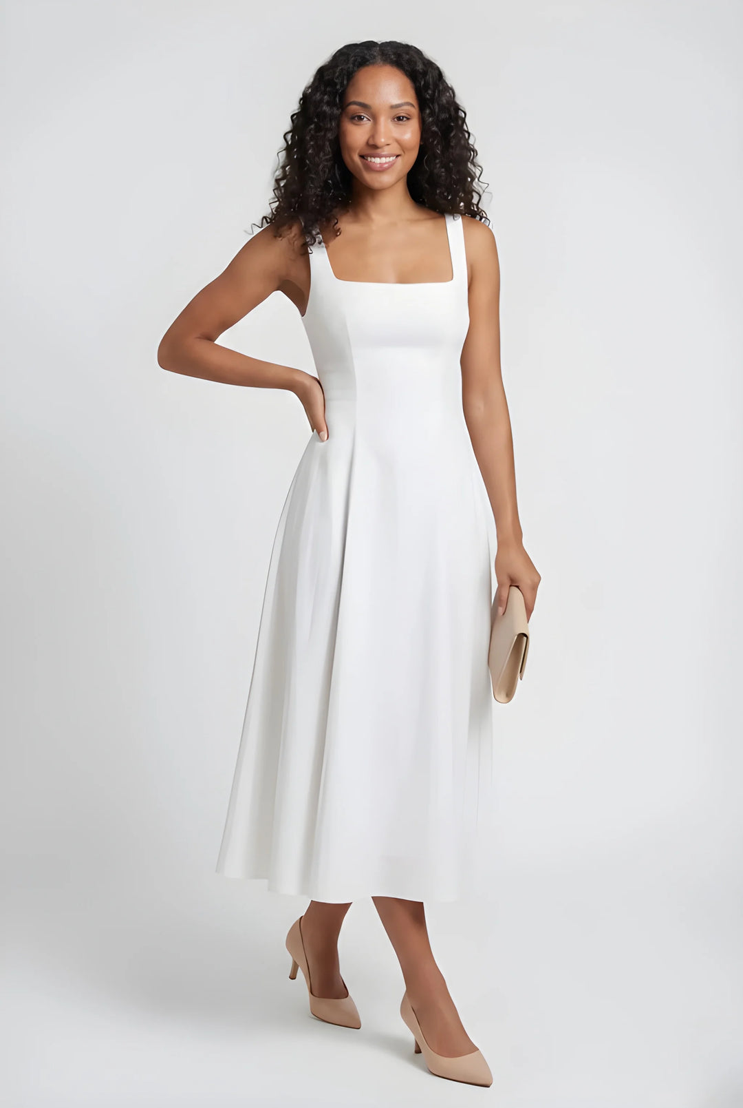 Women's Midi Elegant Summer Dress with Square Neck and Wide Straps