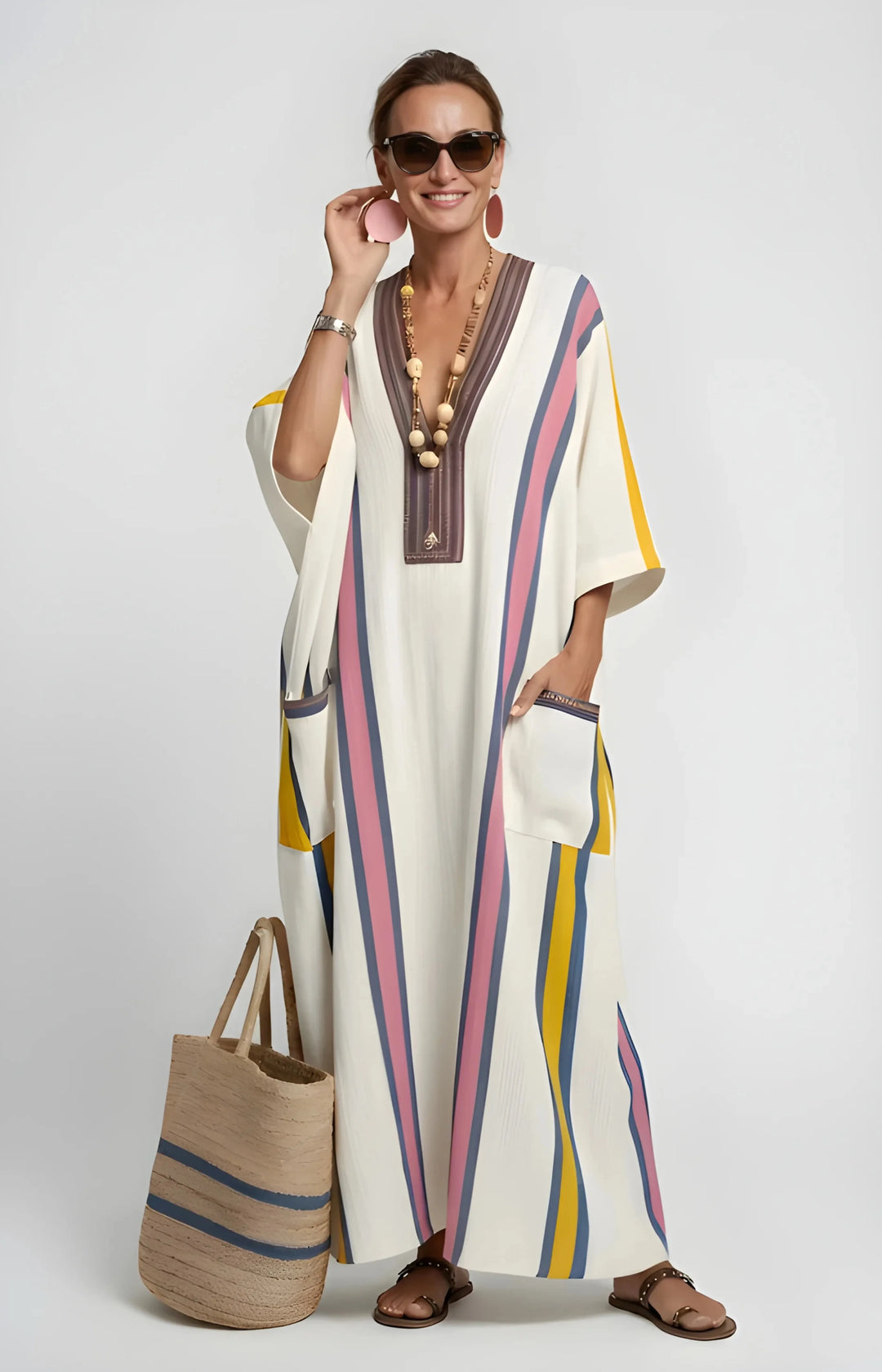 Women's Maxi Boho Summer Sundress with V-Neck and Side Pockets