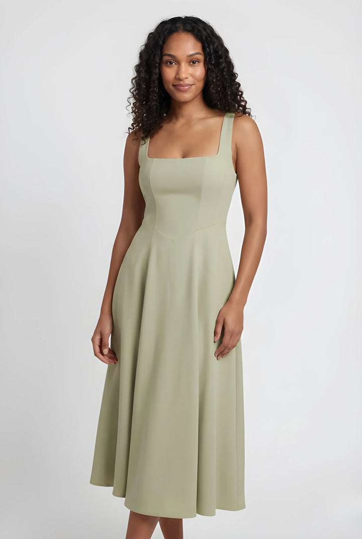 Women's Midi Elegant Summer Dress with Square Neck and Wide Straps