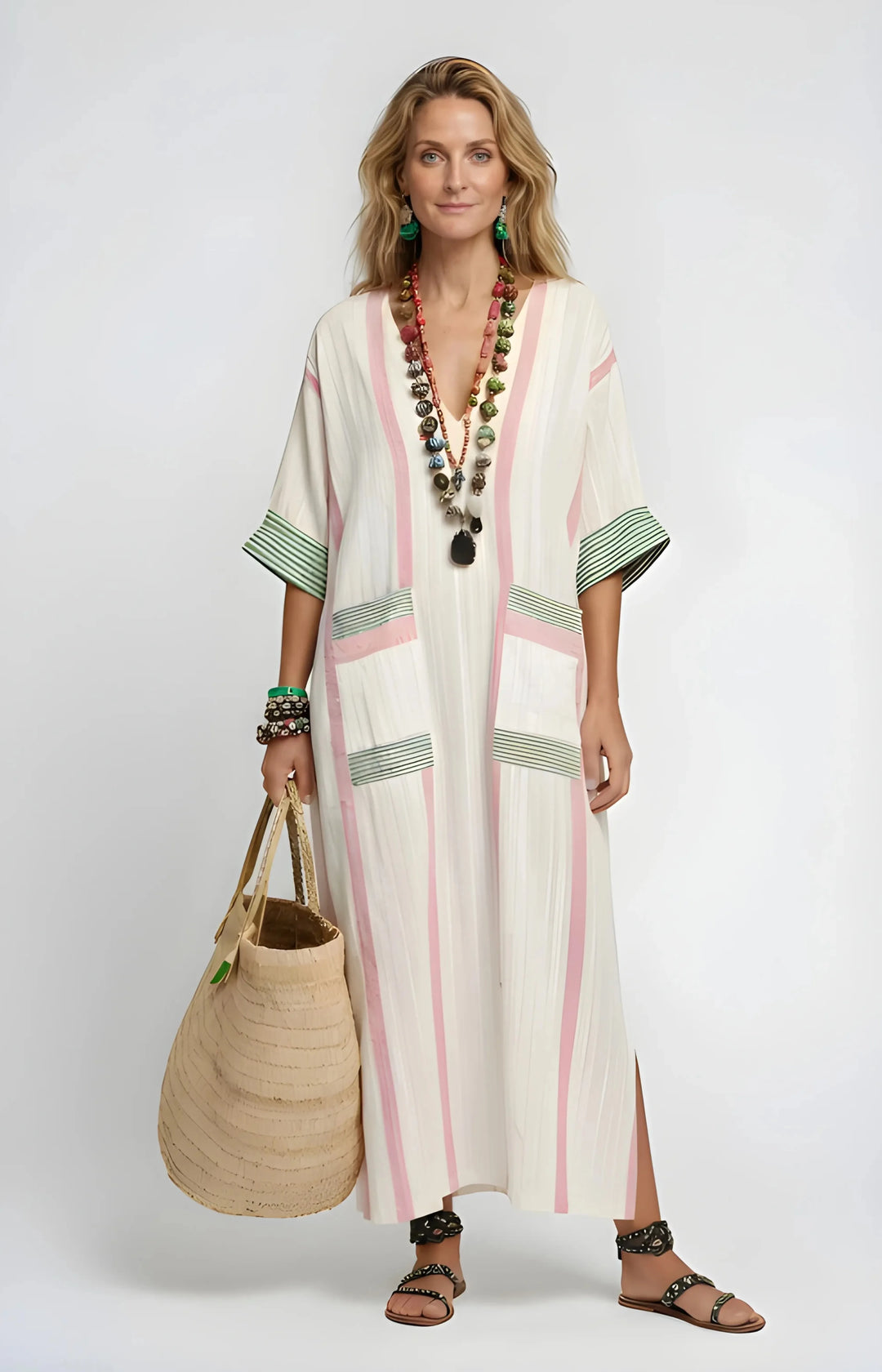 Women's Maxi Boho Summer Sundress with V-Neck and Side Pockets