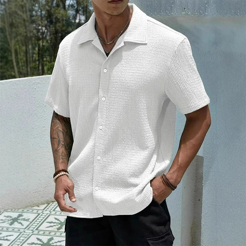 Men's Casual Shirt with Camp Collar and Short Sleeve