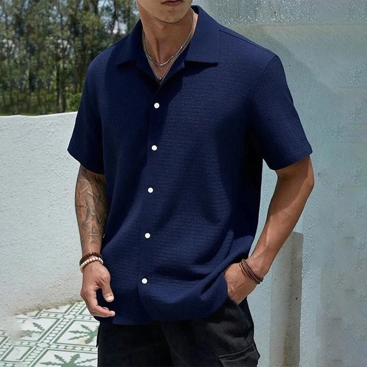 Men's Casual Shirt with Camp Collar and Short Sleeve