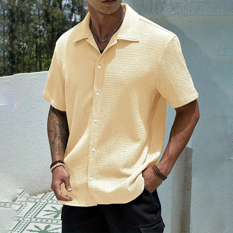 Men's Casual Shirt with Camp Collar and Short Sleeve