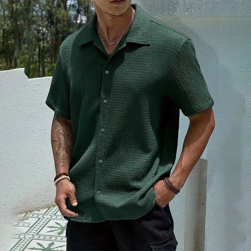 Men's Casual Shirt with Camp Collar and Short Sleeve