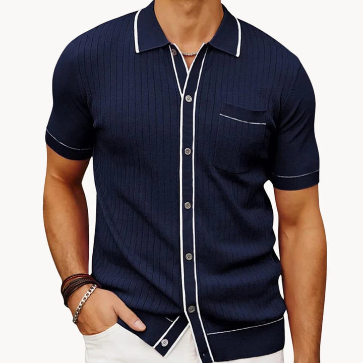 Men's Casual Striped Shirt with Camp Collar and Pockets