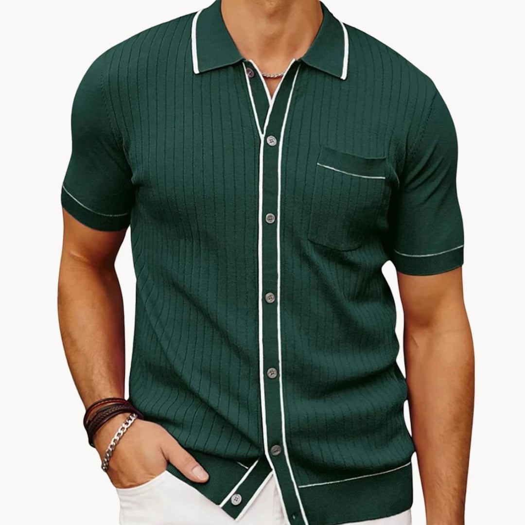 Men's Casual Striped Shirt with Camp Collar and Pockets