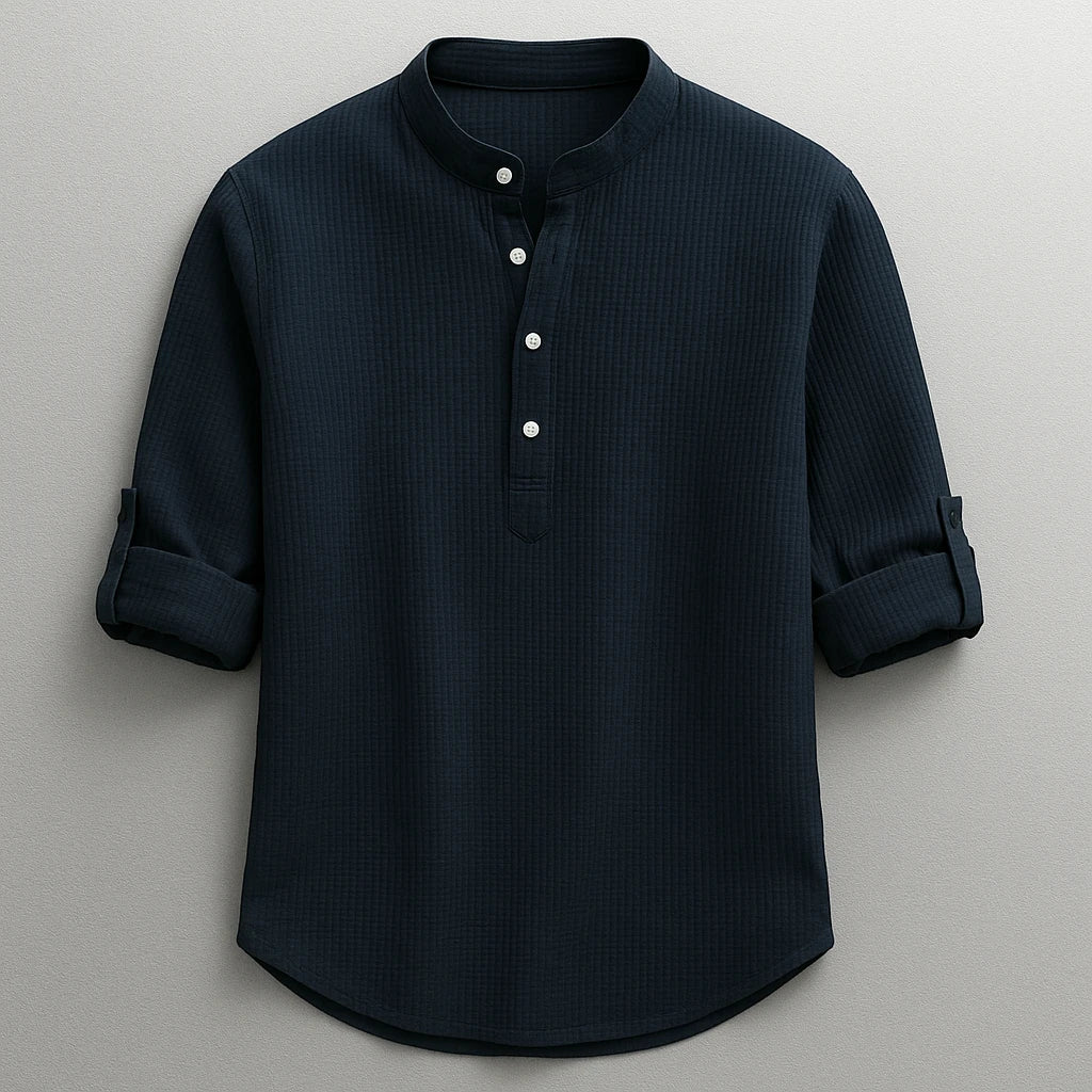 Men's Casual Work Shirt with Long Sleeve and Grandad Collar