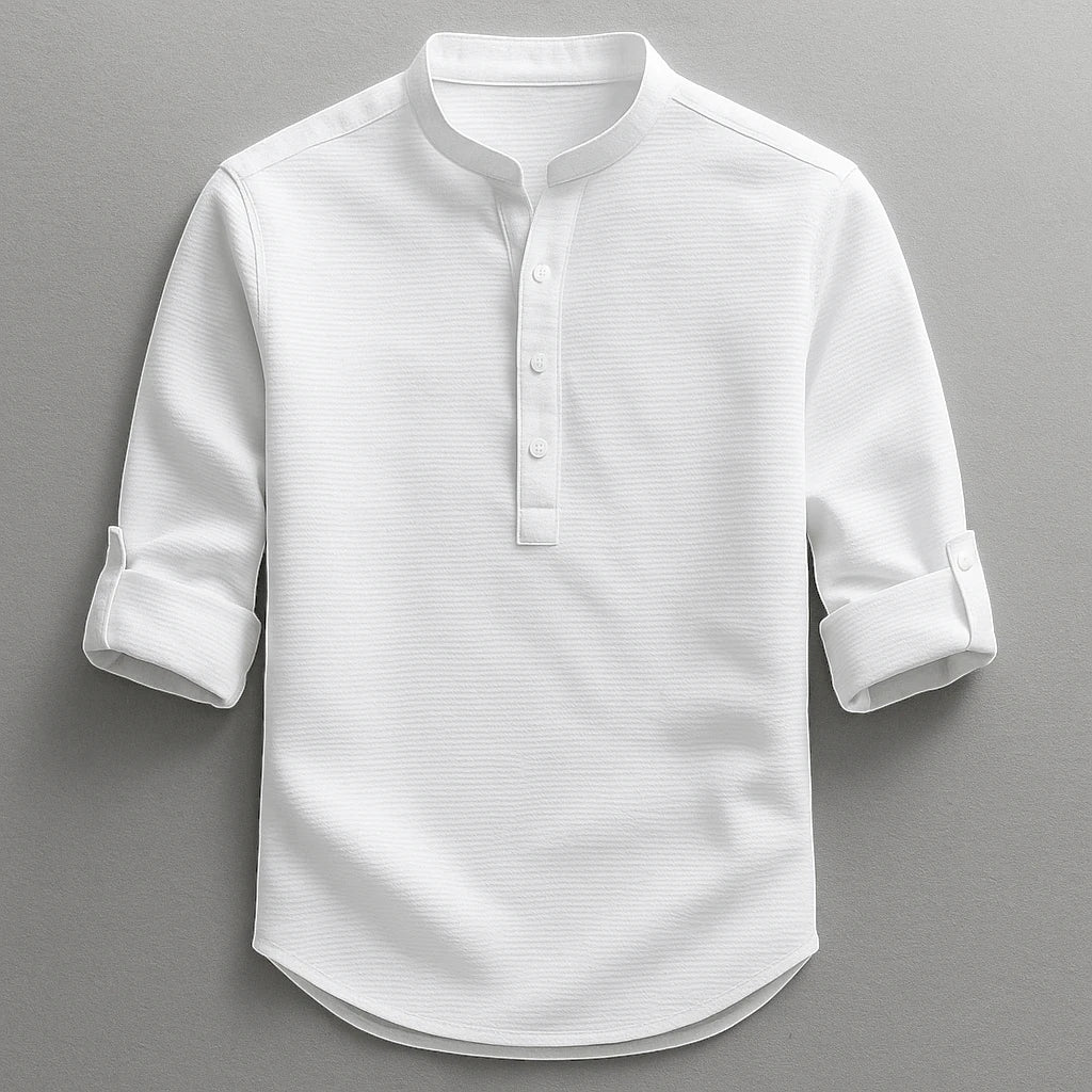 Men's Casual Work Shirt with Long Sleeve and Grandad Collar