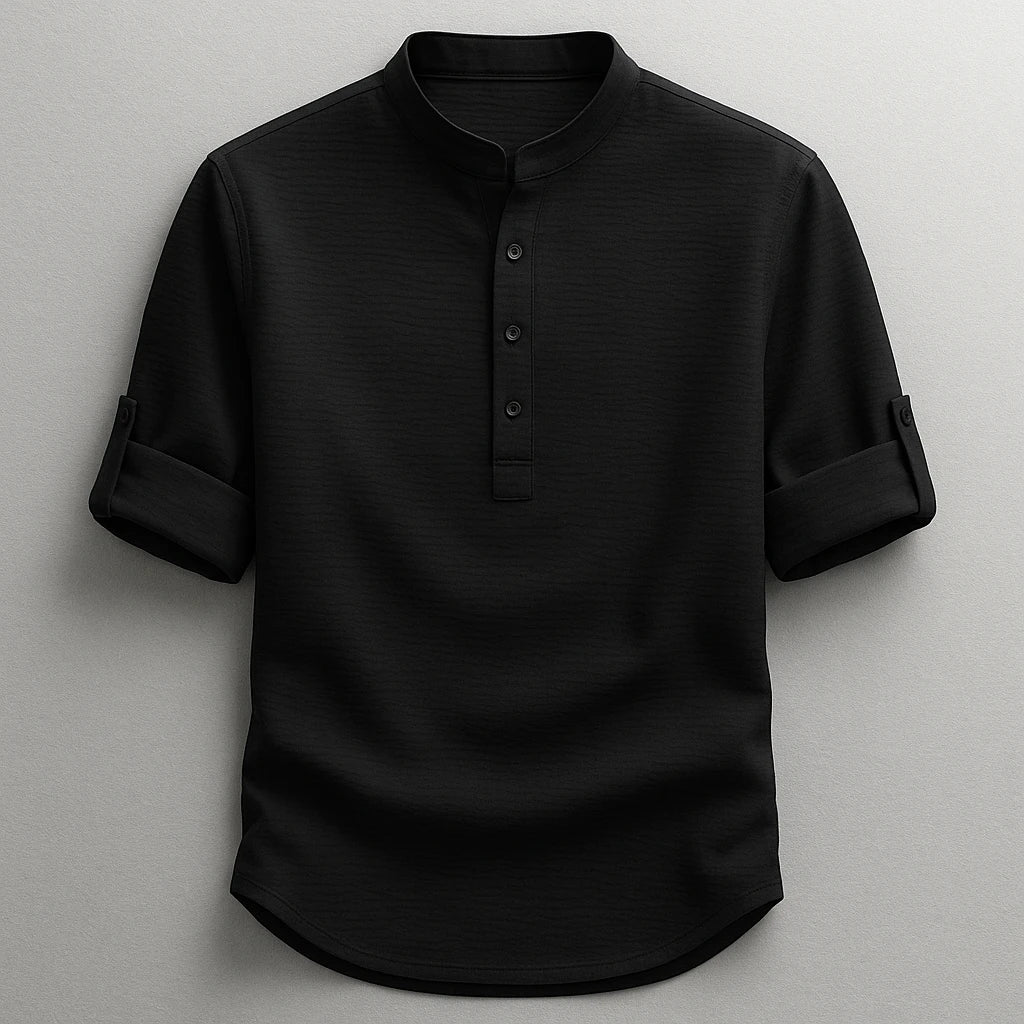 Men's Casual Work Shirt with Long Sleeve and Grandad Collar